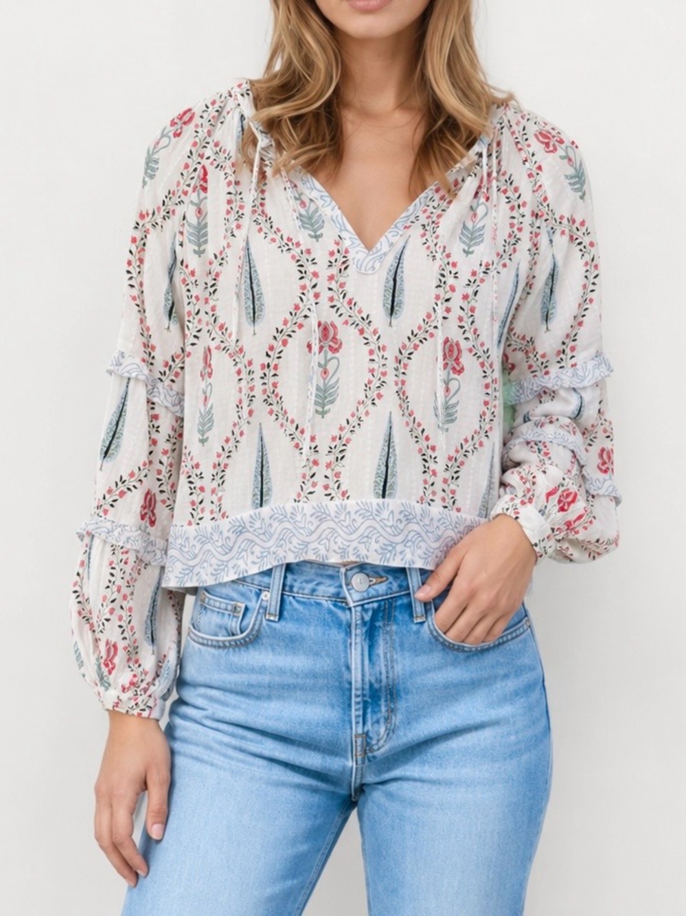 NIBI MKT Kendra Blouse Floral Block Print Hamptons Beach Top size Small